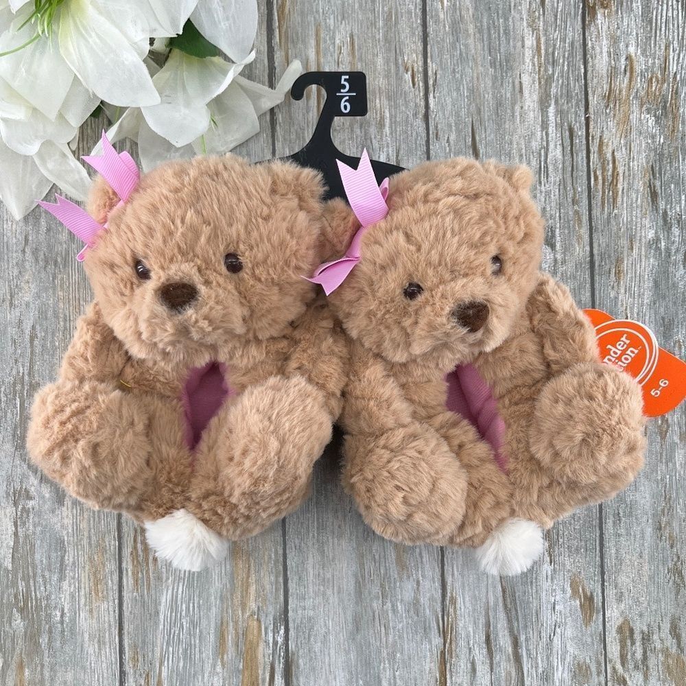 Baby Toddler Girls Plush Teddy Bear Slippers Shoes Size 7/8